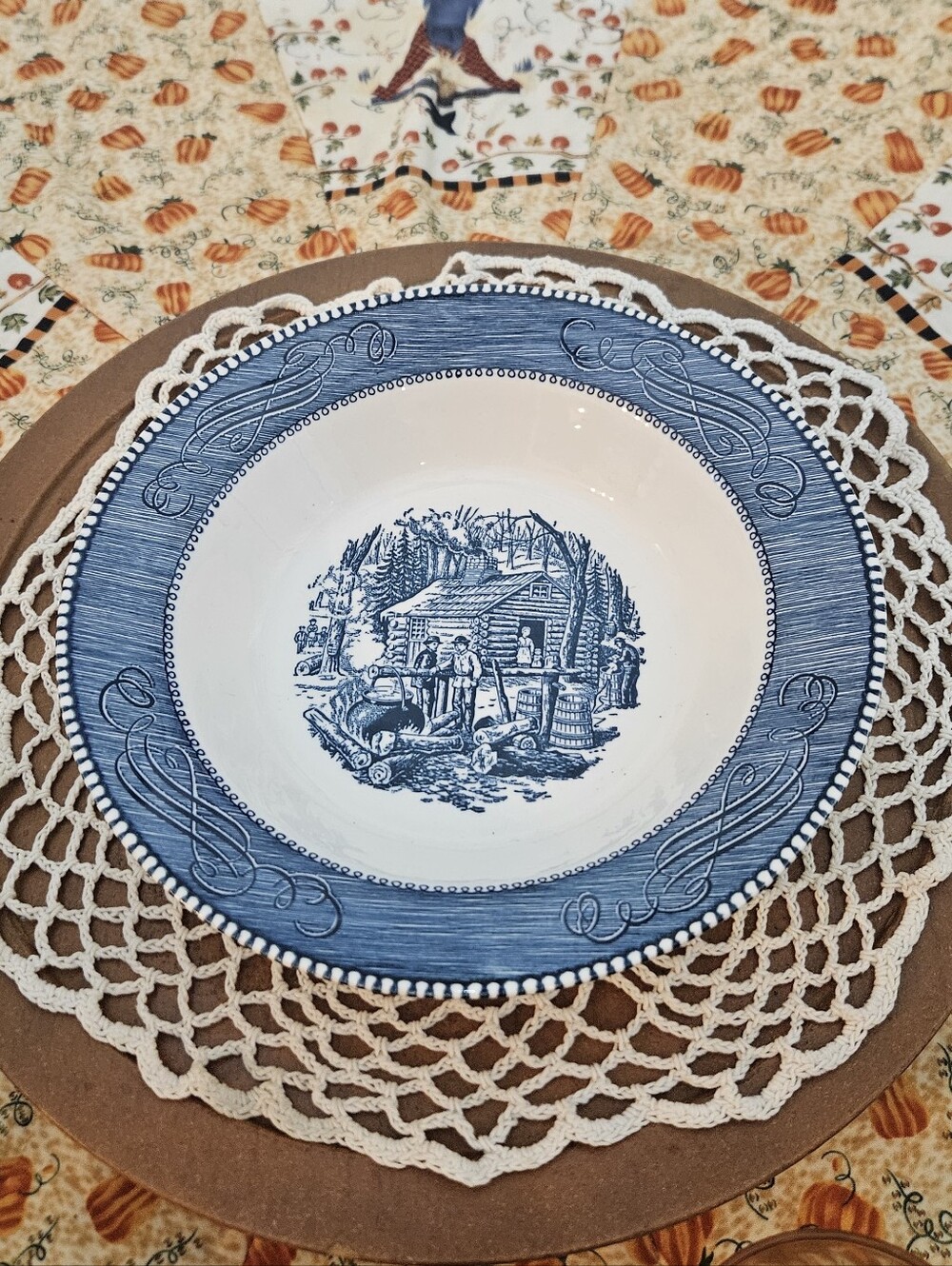 Vintage Currier and Ives Royal China 9" Serving Bowl Maple Sugaring Blue & White